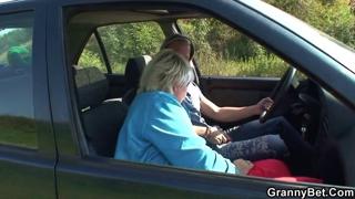 Blonde granny gets slammed by youthful stud in his vehicle