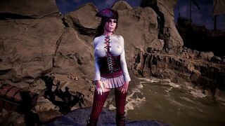 Dark-haired pirate queen entices on stormy shore with wild passion