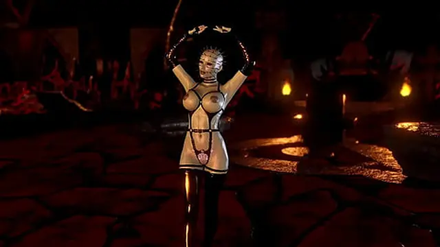 Gothic domina in BDSM gear dances alone in a dark dungeon