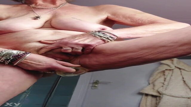 Hairy granny gets her box railed by a dildo